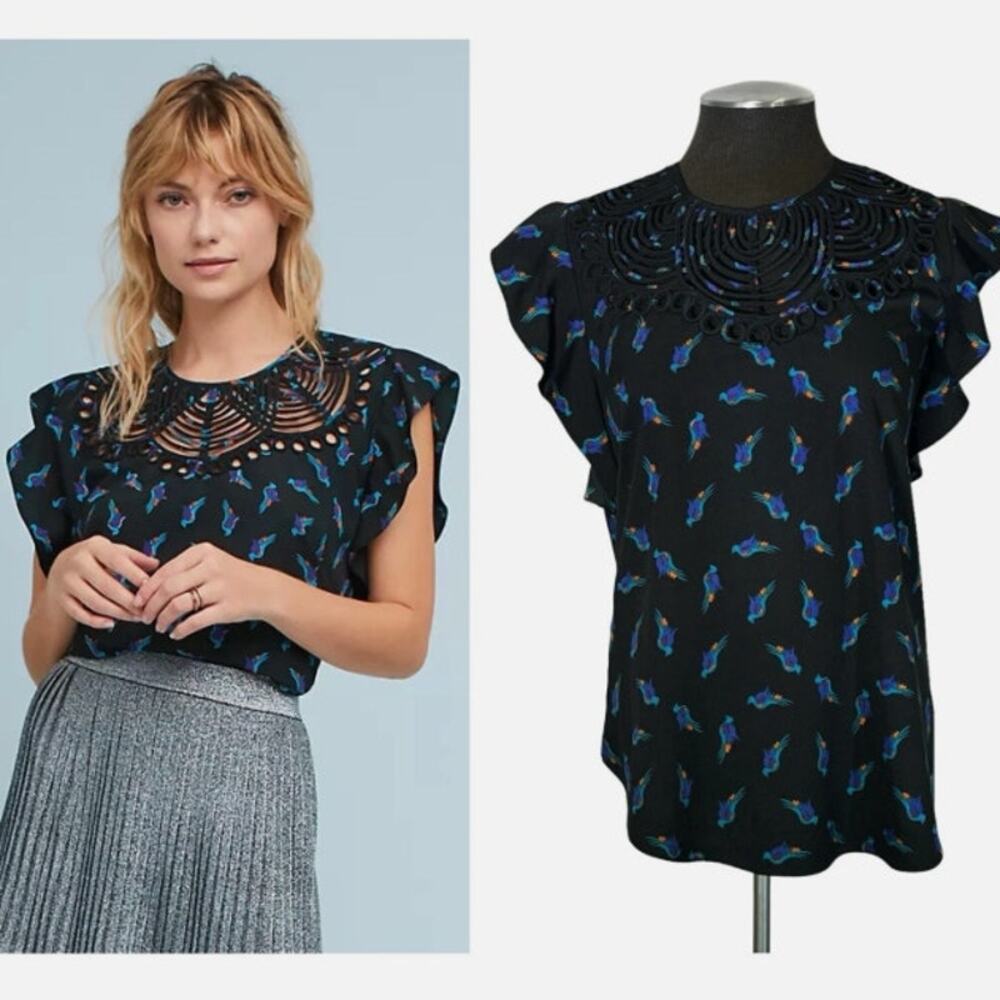 Ranna Gill Top Flutter Ruffle Top Size M Bird Print Textured Anthropologie Bold